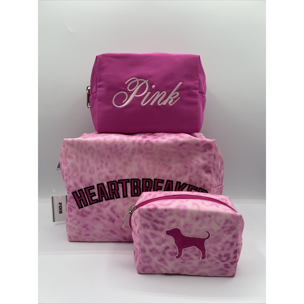 Victoria's Secret PINK Leopard Print 3 Pc Makeup Bag Set Heartbreaker Pouch